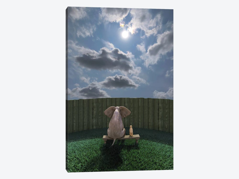 Elephant And Dog Sit By The Fence And Look At The Sky by Mike Kiev 1-piece Canvas Art