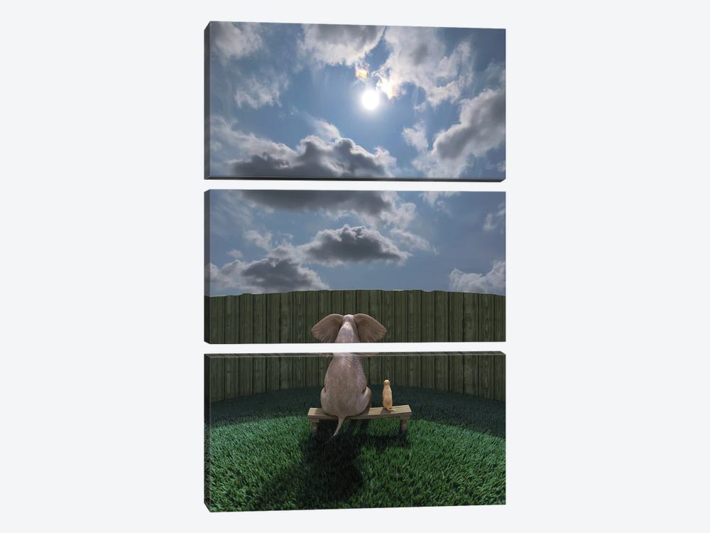Elephant And Dog Sit By The Fence And Look At The Sky by Mike Kiev 3-piece Canvas Artwork