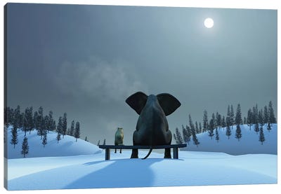 Elephant And Dog At Christmas Night Canvas Art Print - Mike Kiev