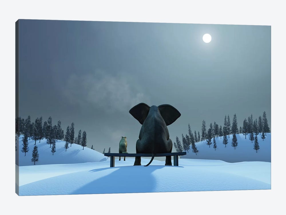 Elephant And Dog At Christmas Night by Mike Kiev 1-piece Art Print