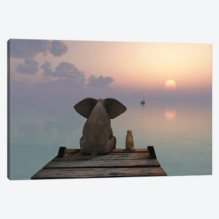 Elephant And Dog Sit On The Pier Canvas Print #MII222} by Mike Kiev Canvas Artwork