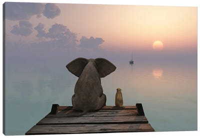 Elephant And Dog Sit On The Pier Canvas Art Print - Mike Kiev
