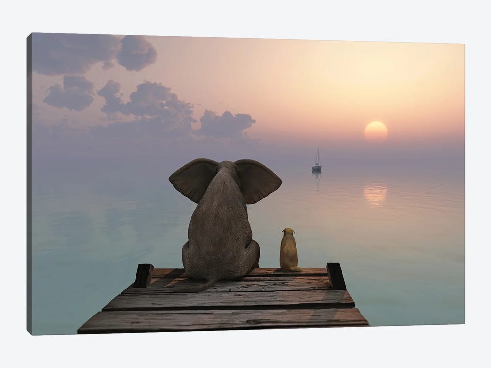 Elephant And Dog Sit On The Pier by Mike Kiev 1-piece Canvas Print