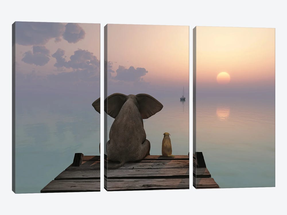 Elephant And Dog Sit On The Pier by Mike Kiev 3-piece Canvas Print