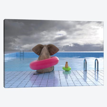 Elephant And Dog Sit On The Edge Of The Pool Canvas Print #MII223} by Mike Kiev Canvas Wall Art