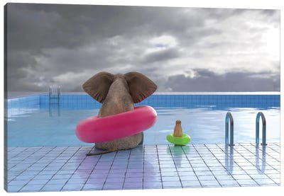 Elephant And Dog Sit On The Edge Of The Pool Canvas Art Print - Elephant Art