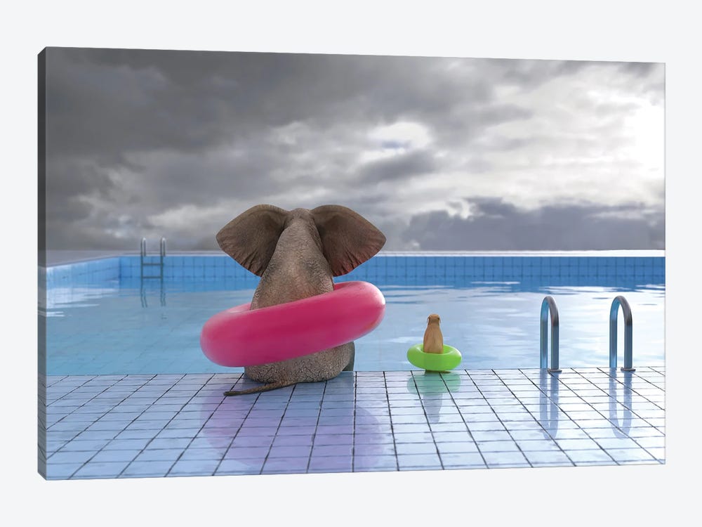 Elephant And Dog Sit On The Edge Of The Pool by Mike Kiev 1-piece Canvas Wall Art