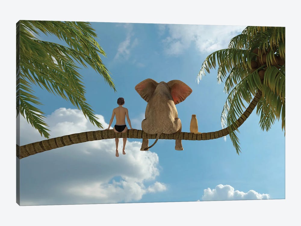 Child, Elephant And Dog Sit On A Palm Tree by Mike Kiev 1-piece Canvas Print