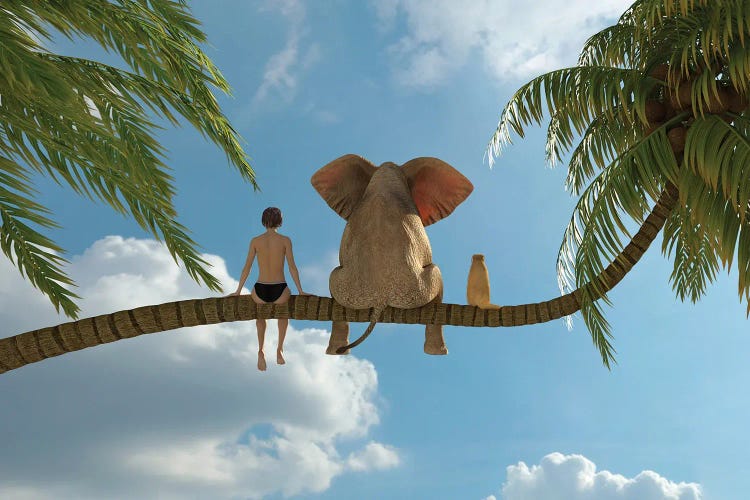 Child, Elephant And Dog Sit On A Palm Tree