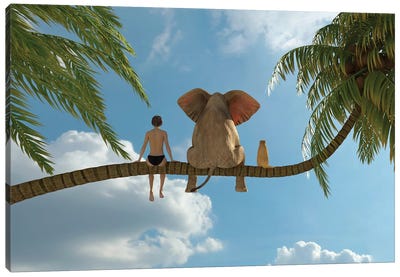 Child, Elephant And Dog Sit On A Palm Tree Canvas Art Print - Mike Kiev
