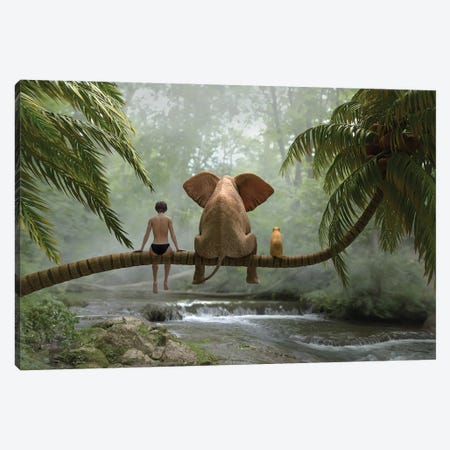 Child, Elephant Elephant And Dog Sit On A Palm Tree In Tropical Forest Canvas Print #MII225} by Mike Kiev Canvas Art Print