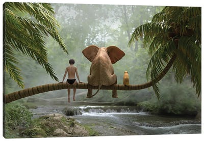 Child, Elephant Elephant And Dog Sit On A Palm Tree In Tropical Forest Canvas Art Print - Elephant Art