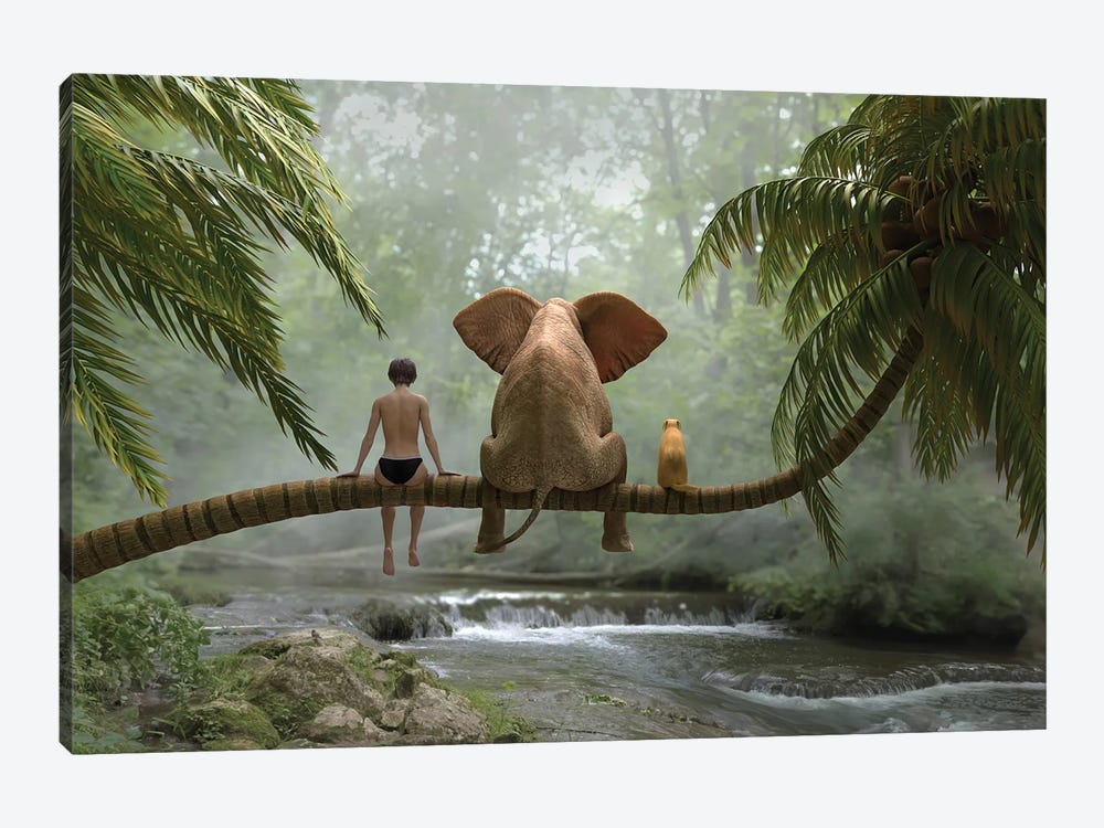 Child, Elephant Elephant And Dog Sit On A Palm Tree In Tropical Forest by Mike Kiev 1-piece Canvas Art