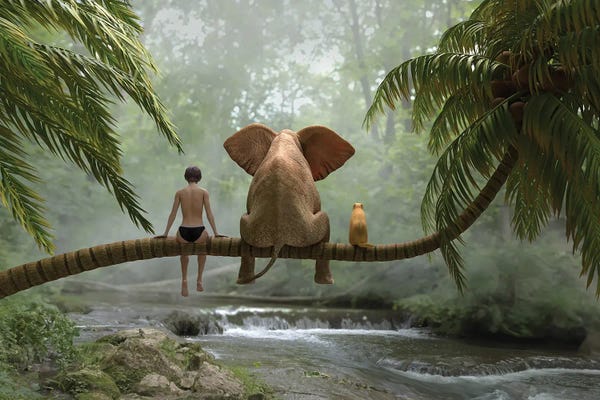 Elephants: Child, Elephant Elephant And Dog Sit On A Palm Tree In Tropical Forest by Mike Kiev