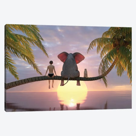 Child, Elephant And Dog Sit On A Palm Tree On The Beach At Sunset Canvas Print #MII226} by Mike Kiev Canvas Print