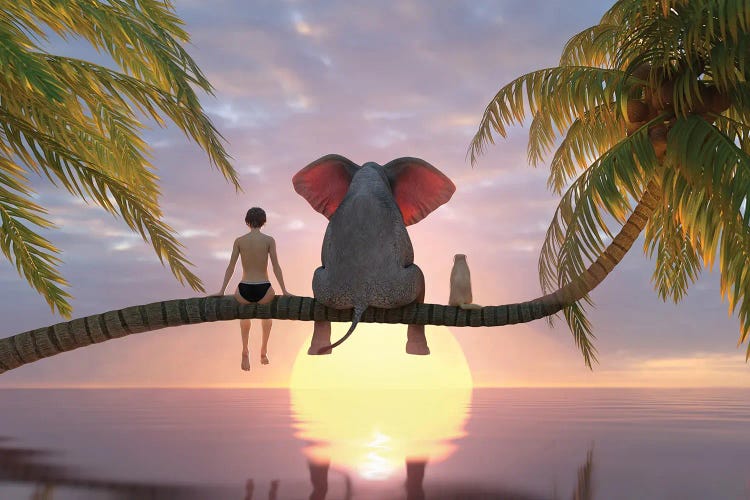 Child, Elephant And Dog Sit On A Palm Tree On The Beach At Sunset