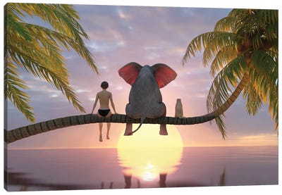 Child, Elephant And Dog Sit On A Palm Tree On The Beach At Sunset Canvas Art Print