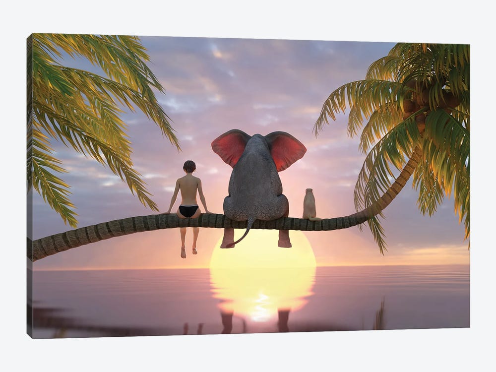 Child, Elephant And Dog Sit On A Palm Tree On The Beach At Sunset by Mike Kiev 1-piece Canvas Print