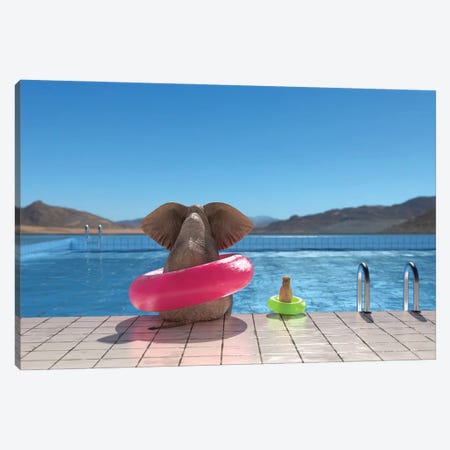 Elephant And Dog Sit On The Edge Of The Pool II Canvas Print #MII227} by Mike Kiev Canvas Art Print