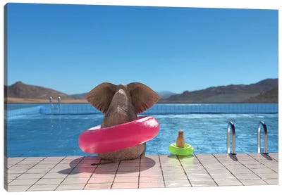 Elephant And Dog Sit On The Edge Of The Pool II Canvas Art Print - Mike Kiev