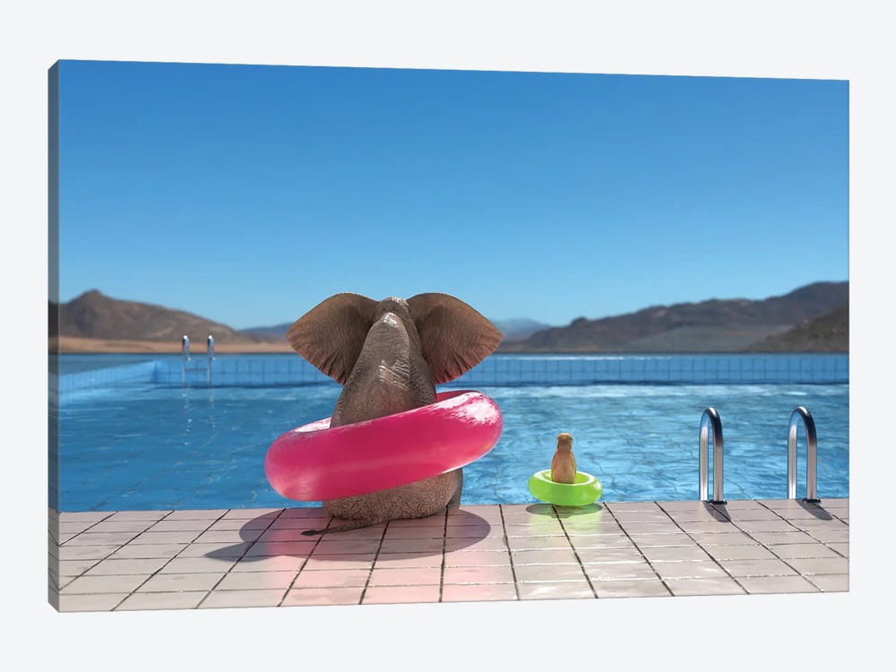 Elephant And Dog Sit On The Edge Of The Pool II by Mike Kiev 1-piece Canvas Artwork