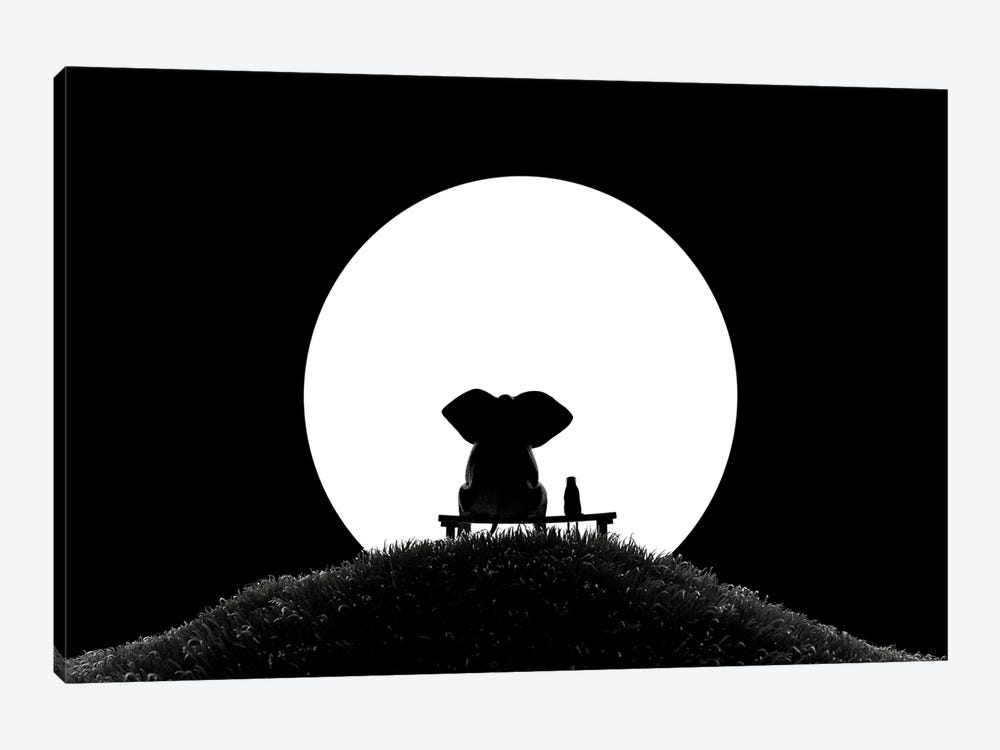 Elephant And Dog Look At The Moon by Mike Kiev 1-piece Canvas Art Print