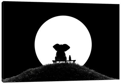 Elephant And Dog Look At The Moon Canvas Art Print - Mike Kiev