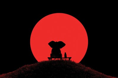Elephant And Dog Look At The Red Moon by Mike Kiev art print