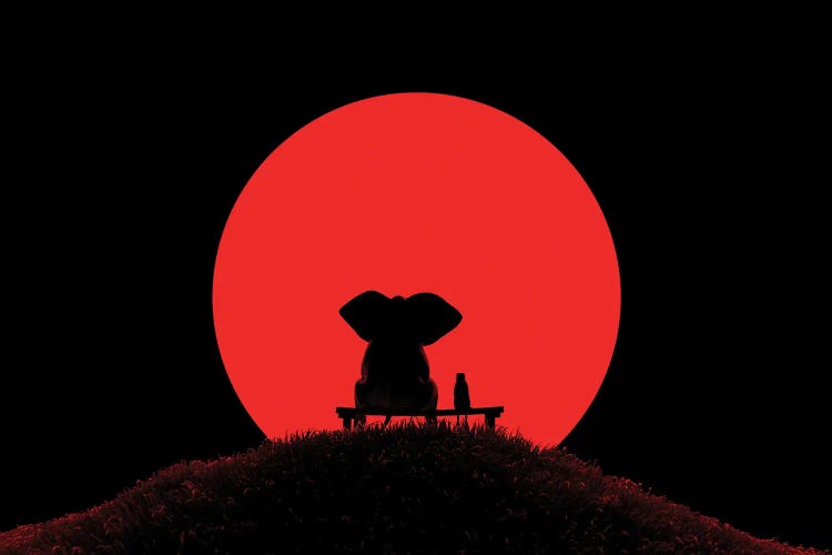 Elephant And Dog Look At The Red Moon