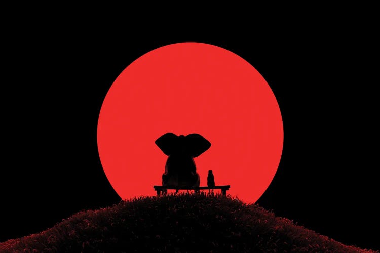 Elephant And Dog Look At The Red Moon