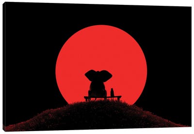 Elephant And Dog Look At The Red Moon Canvas Art Print - Mike Kiev