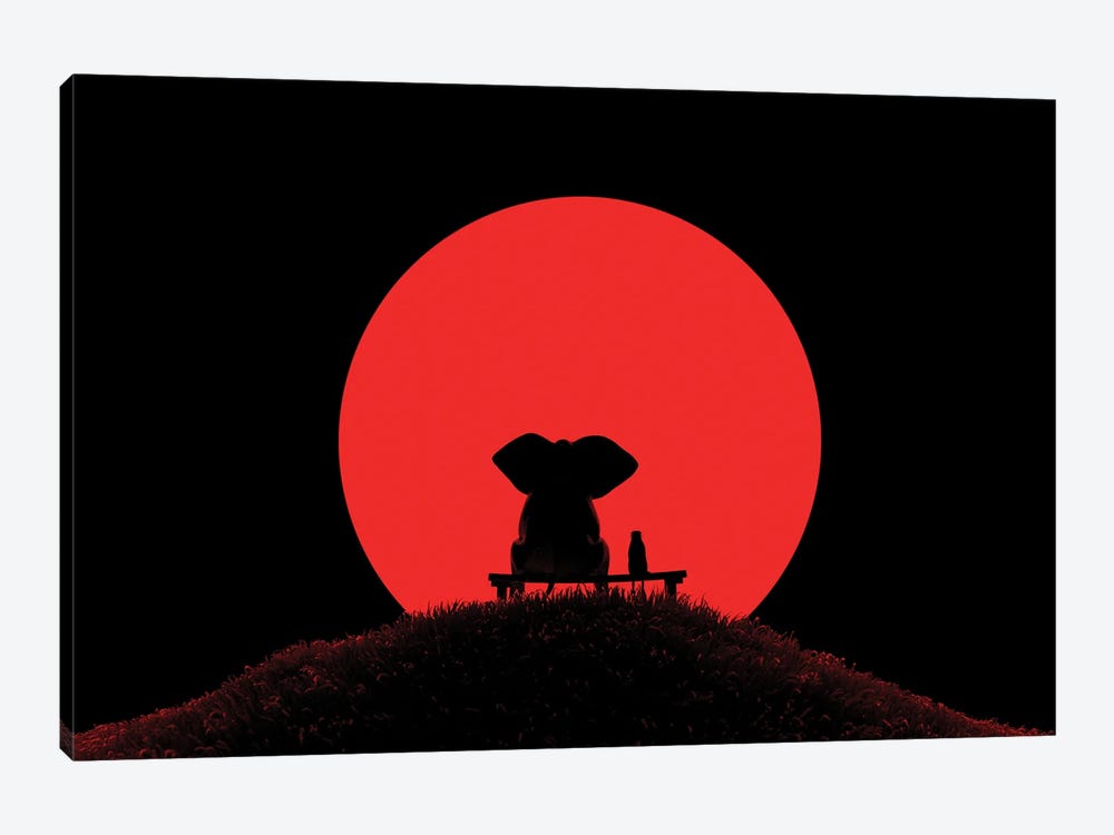 Elephant And Dog Look At The Red Moon by Mike Kiev 1-piece Canvas Art
