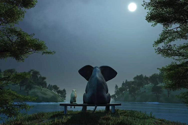 Elephant And Dog At Summer Night by Mike Kiev wall art