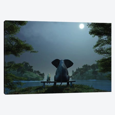 Elephant And Dog At Summer Night Canvas Print #MII22} by Mike Kiev Art Print