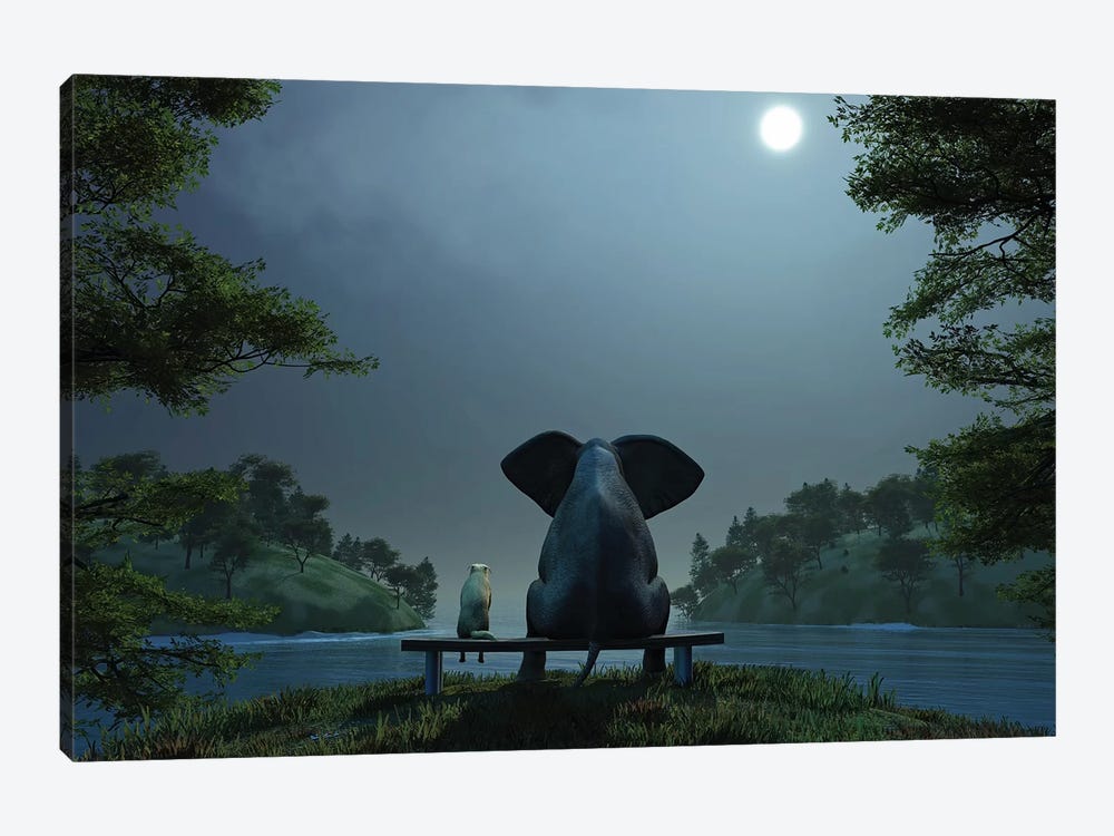 Elephant And Dog At Summer Night 1-piece Canvas Artwork