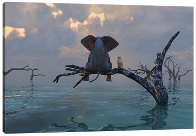 Elephant And Dog Sit On A Tree During A Flood IV Canvas Art Print - Mike Kiev