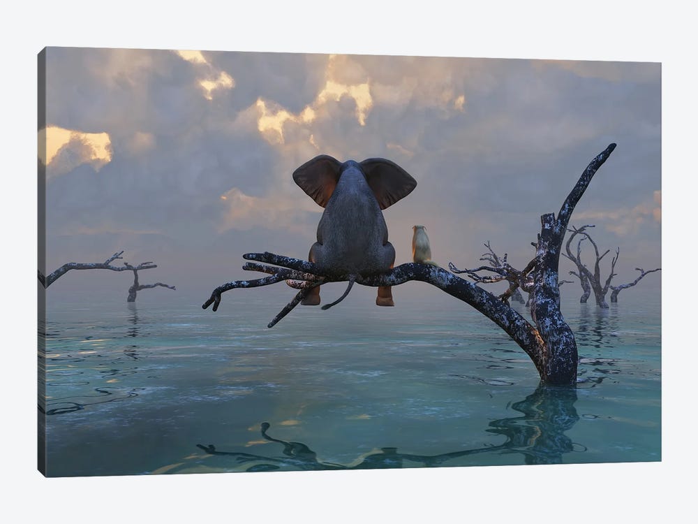 Elephant And Dog Sit On A Tree During A Flood IV by Mike Kiev 1-piece Canvas Artwork