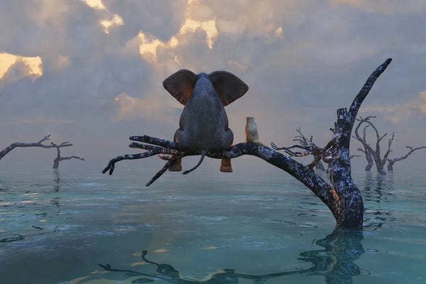 Elephants: Elephant And Dog Sit On A Tree During A Flood IV by Mike Kiev