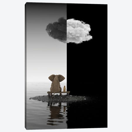Elephant And Dog Sit On A Island, B&W Canvas Print #MII235} by Mike Kiev Canvas Artwork