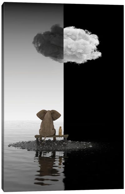 Elephant And Dog Sit On A Island, B&W Canvas Art Print - Mike Kiev