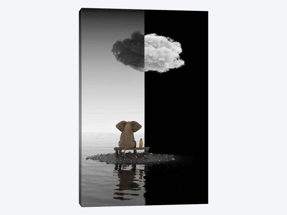 Elephant And Dog Sit On A Island, B&W by Mike Kiev 1-piece Canvas Print