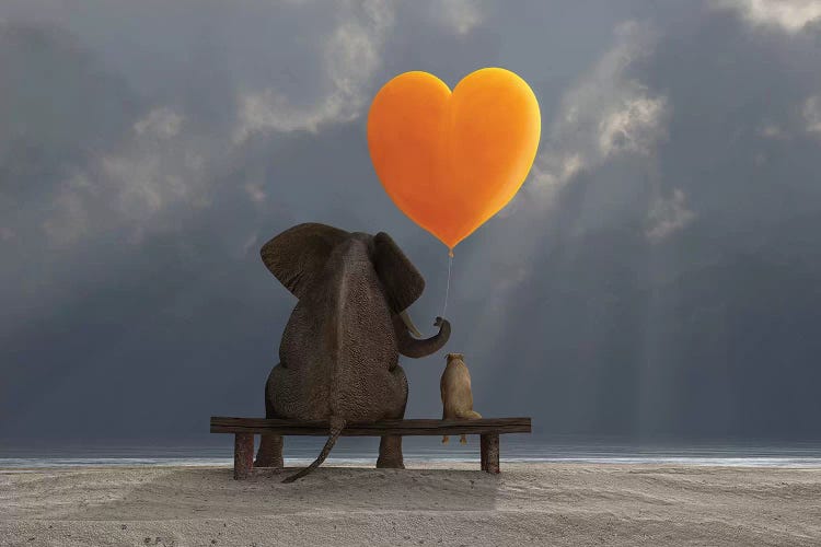 Elephant And Dog Holding A Heart Shaped Balloon