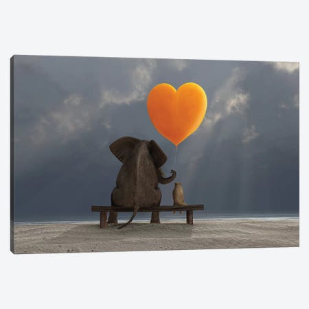 Elephant And Dog Holding A Heart Shaped Balloon Canvas Print #MII23} by Mike Kiev Canvas Print
