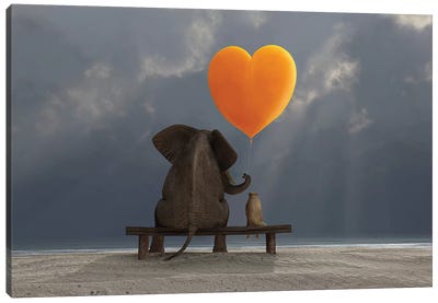 Elephant And Dog Holding A Heart Shaped Balloon Canvas Art Print - Kids Fantasy Art