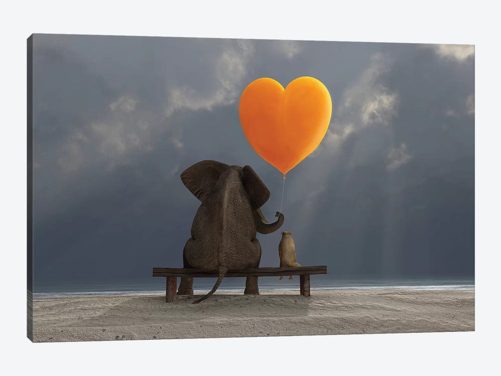 Elephant And Dog Holding A Heart Shaped Balloon by Mike Kiev 1-piece Art Print