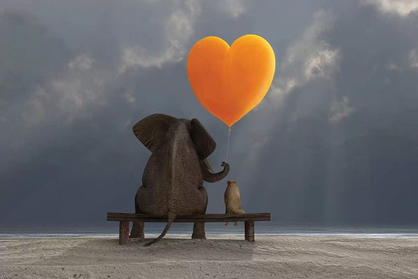 Elephant And Dog Holding A Heart Shaped Balloon