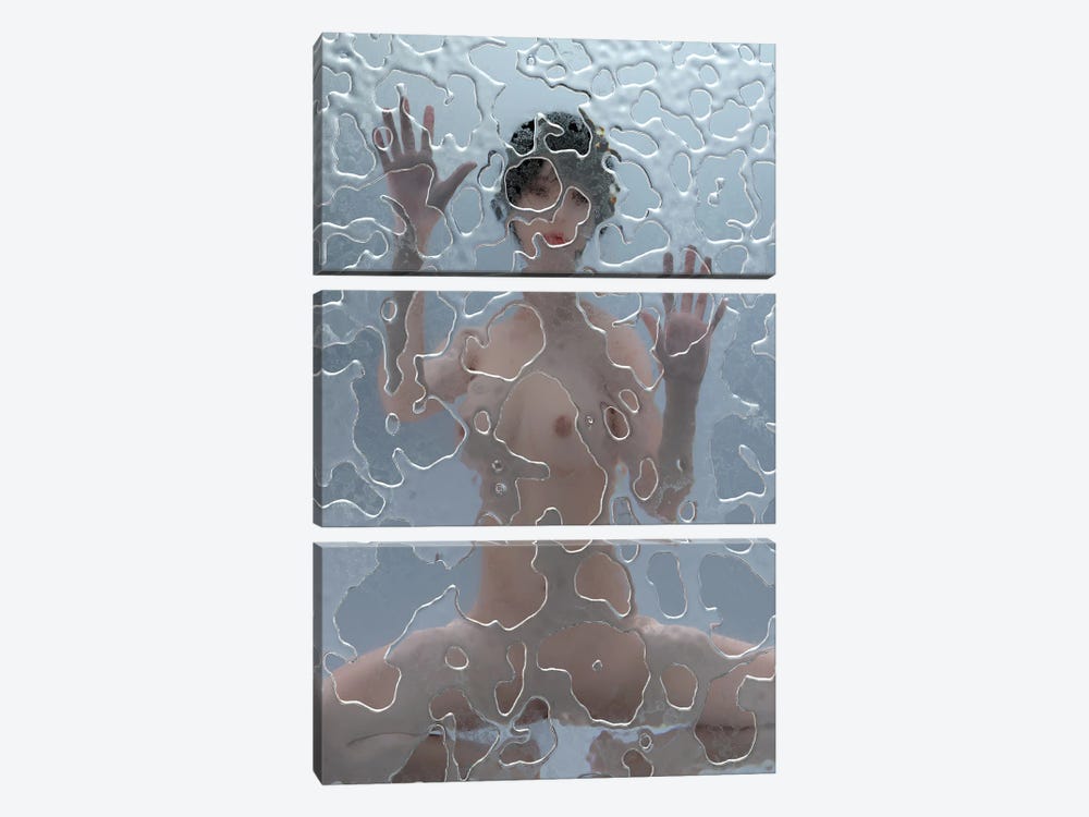 Naked Woman Hiding Behind Wet Glass by Mike Kiev 3-piece Canvas Print
