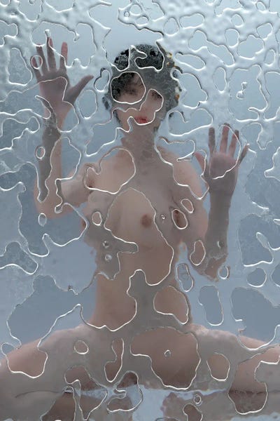 Mike Kiev: Naked Woman Hiding Behind Wet Glass by Mike Kiev