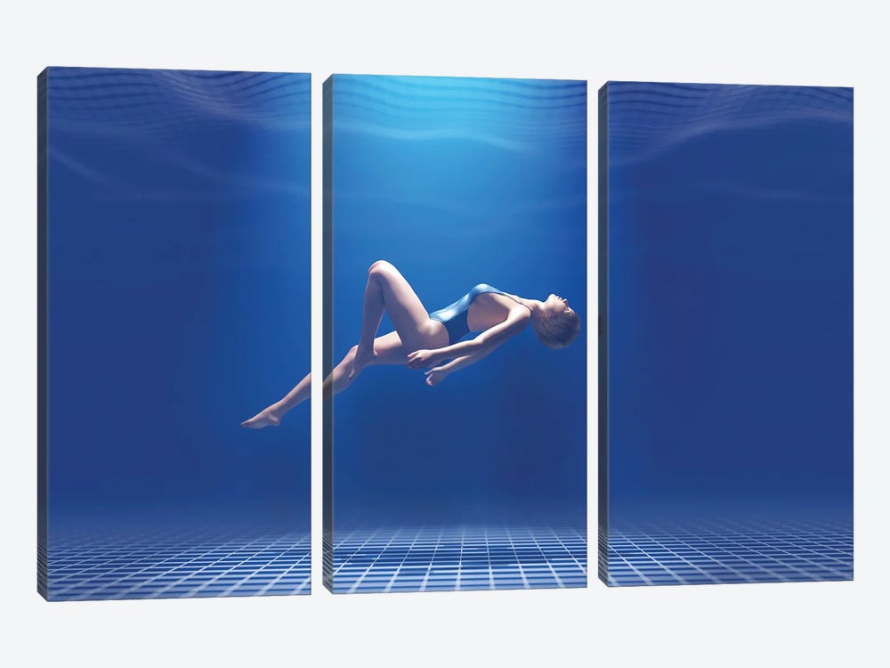 Woman Floating In The Digital Ocean by Mike Kiev 3-piece Canvas Print