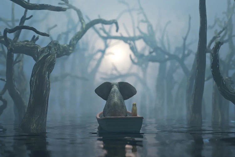 Elephant And Dog Float On A Boat On The River In The Fog